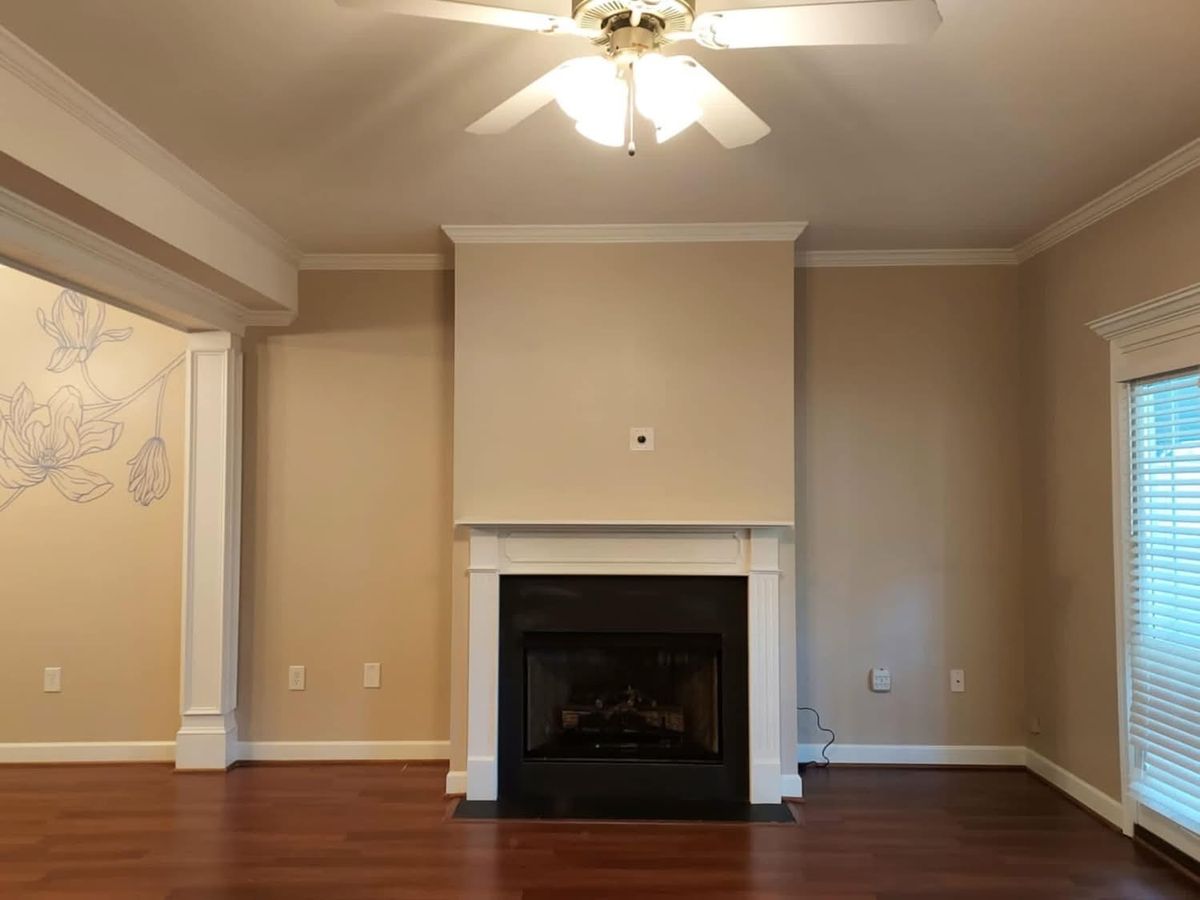 Living room with painted walls, white fireplace mantel, columns and crown molding, with a hand-painted floral line drawing on the side wall, Moore SC